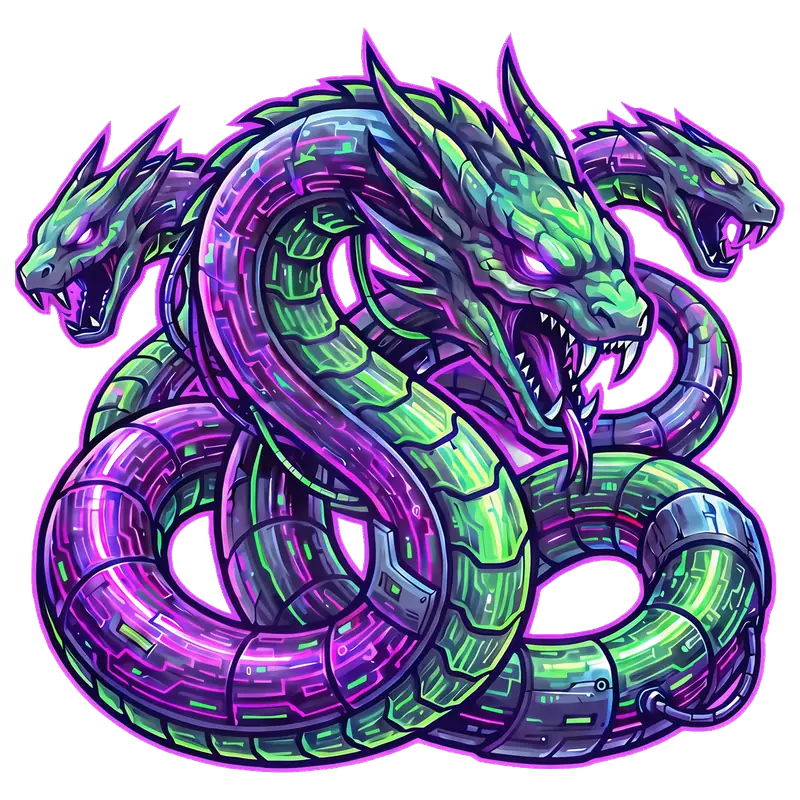 Logo von Hydra's Poisn: eine dreiköpfige Cyber-Schlange in Lila und Grün